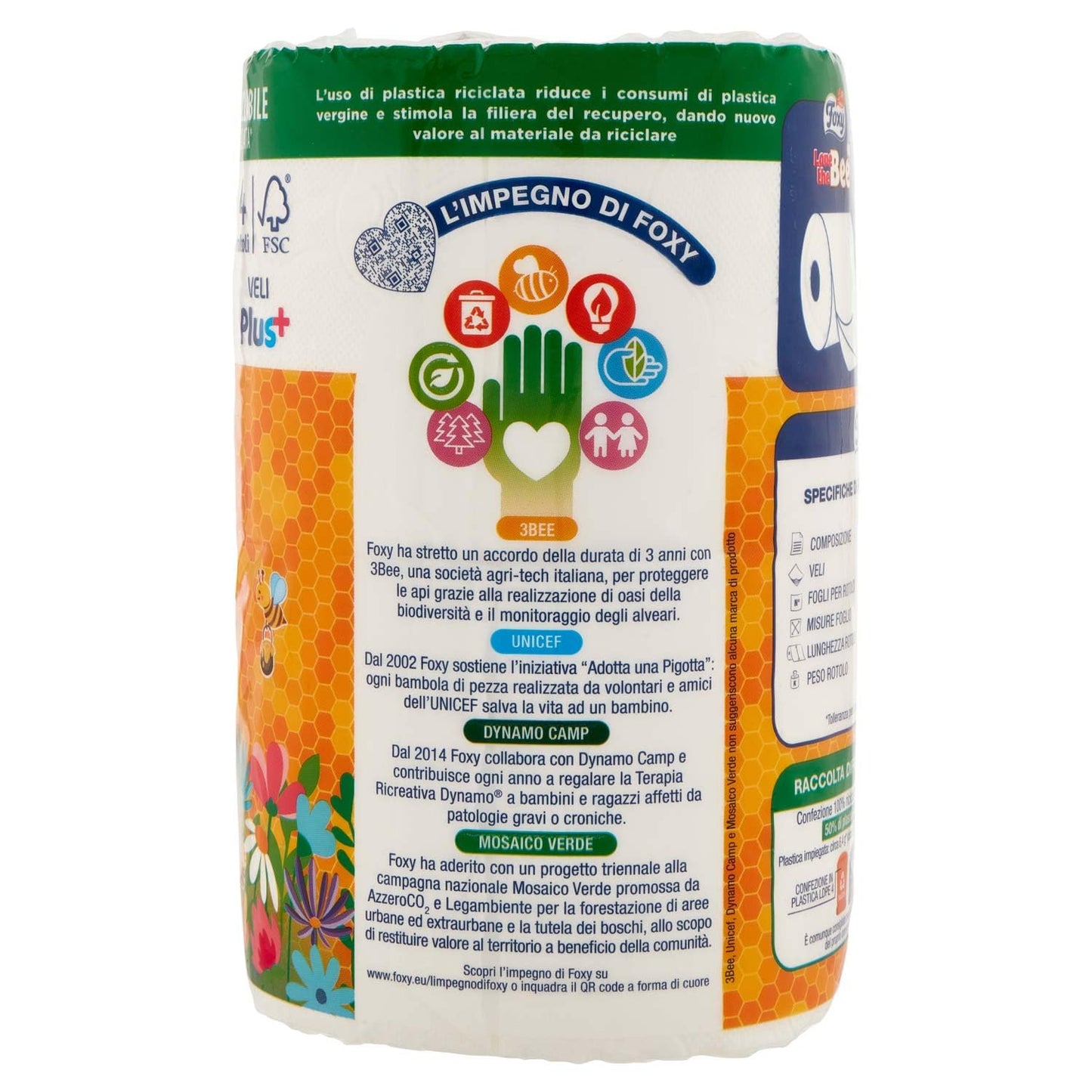 FOXY CARTA IGIENICA LOVE THE BEE 2 VELI 4 ROTOLI (8 CONFEZIONI X 4 ROTOLI = TOTALE 32 ROTOLI)