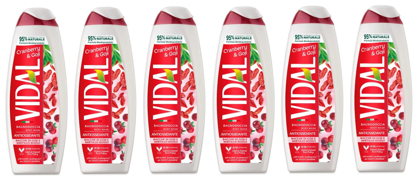 Confezione da 6 detergenti per il corpo Vidal Bagnodoccia, gel doccia Bacche di Goji e Mirtillo Rosso, schiuma doccia con bacche di Goji e mirtillo, 500 ml