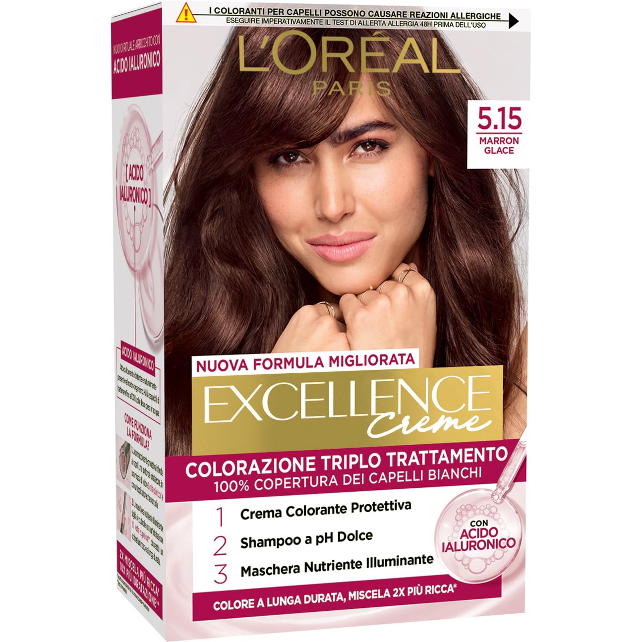 L’Oréal Paris Colorazione Triplo Trattamento Excellence, Con Acido Ialuronico, 100% Copertura Capelli Bianchi, Per Capelli Più Idratati, Marron Glacé (5,15)