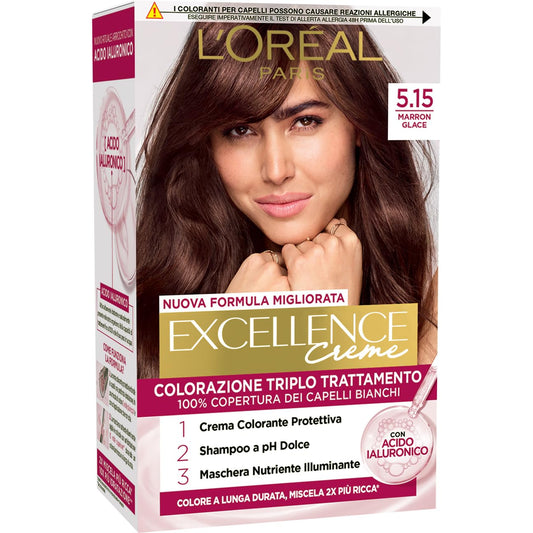 L’Oréal Paris Colorazione Triplo Trattamento Excellence, Con Acido Ialuronico, 100% Copertura Capelli Bianchi, Per Capelli Più Idratati, Marron Glacé (5,15)