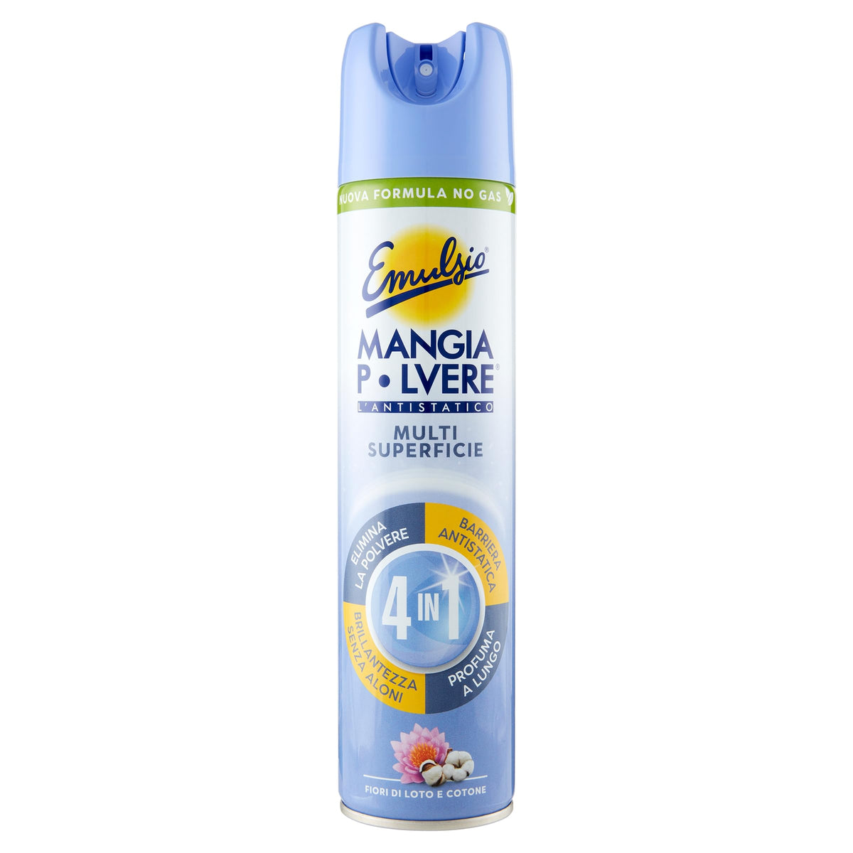 EMULSIO MANGIAPOLVERE 300 ML ANTISTATICO MULTI SUPERFICIE 4 IN 1 FORMULA NO GAS FIORI DI LOTO E COTONE