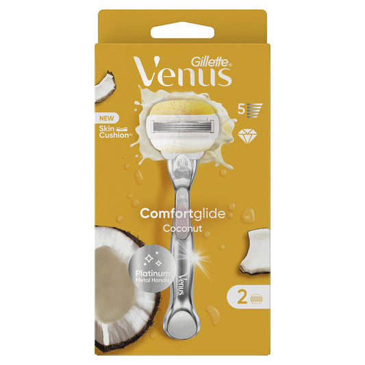 Gillette Venus Comfortglide RASOIO DONNA Cocco Plus Olaz, 2 LAMETTE DONNA RICAMBIO (da 5 Lame) e 1 Manico, per una Rasatura Liscia e Profonda, Skin Cushion con Idratante Olaz, idea regalo