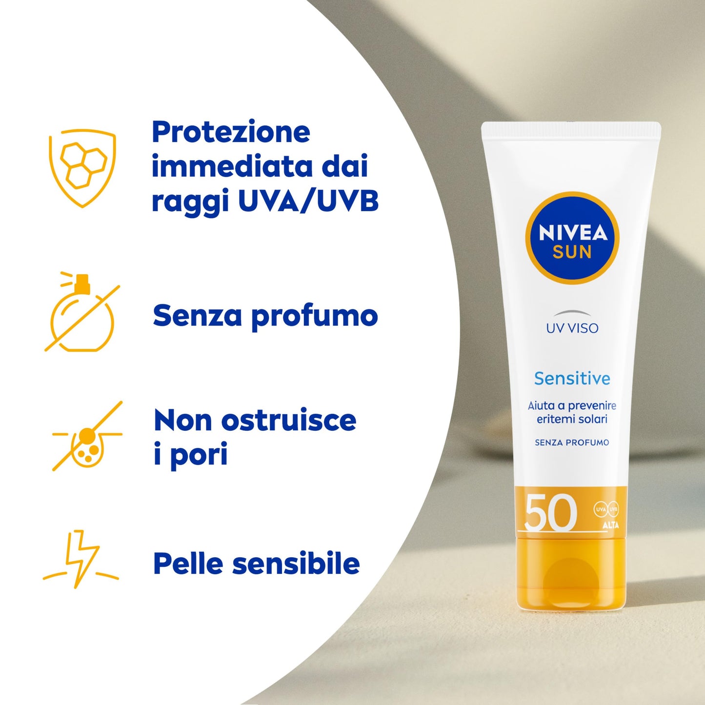 NIVEA SUN Crema UV Viso Sensitive SPF50 50 ml, Crema solare viso 50 per pelli sensibili, Protezione solare viso contro le allergie solari, Crema viso SPF 50 senza profumo dalla texture leggera