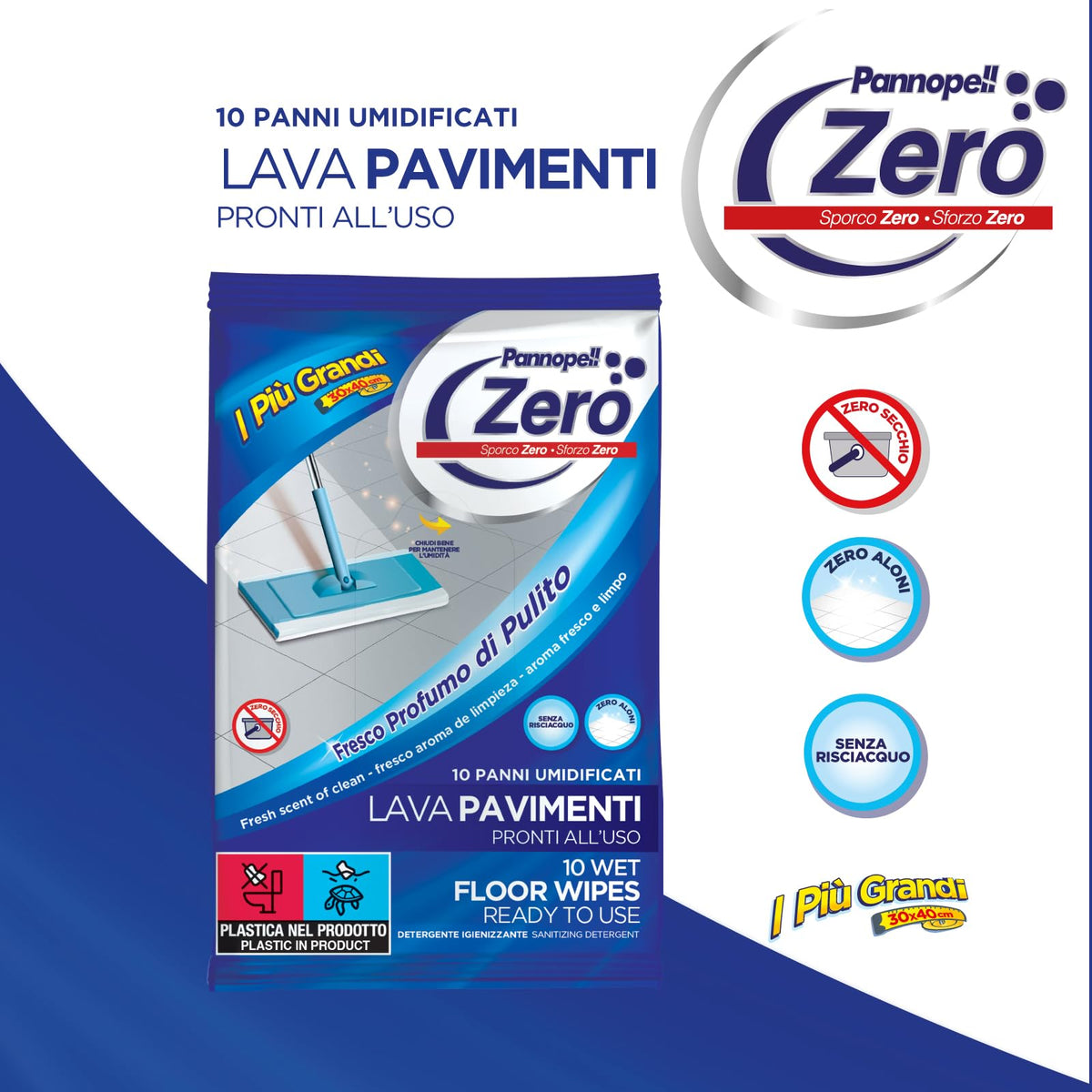 Salviette Igienizzanti per Pavimenti 10 x10 Panni Umidificati (100 Pz) - Zero Igienizzante Pronto All'Uso Classic, 30x40 cm, Panni Lavapavimenti Umidificati e Disinfettanti per la Pulizia Casa