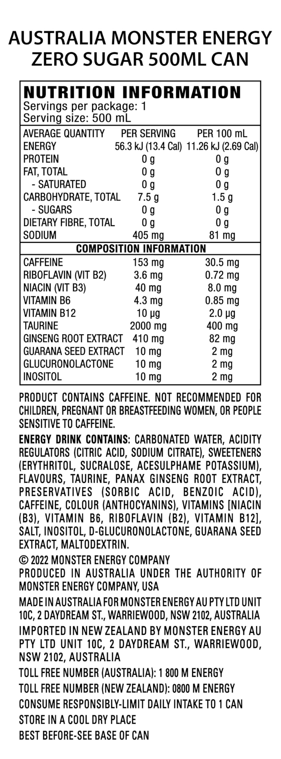 Monster Energy Drink Original Zero Sugar 24 x 500ml