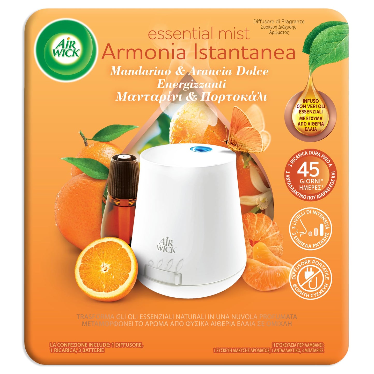 Airwick Diffusore di Fragranza con Oli Essenziali e Ricarica Fragranza, Mandarino e Arancia Dolce, Citrice, Rubicondo, 2 Unità, Confezione da 1