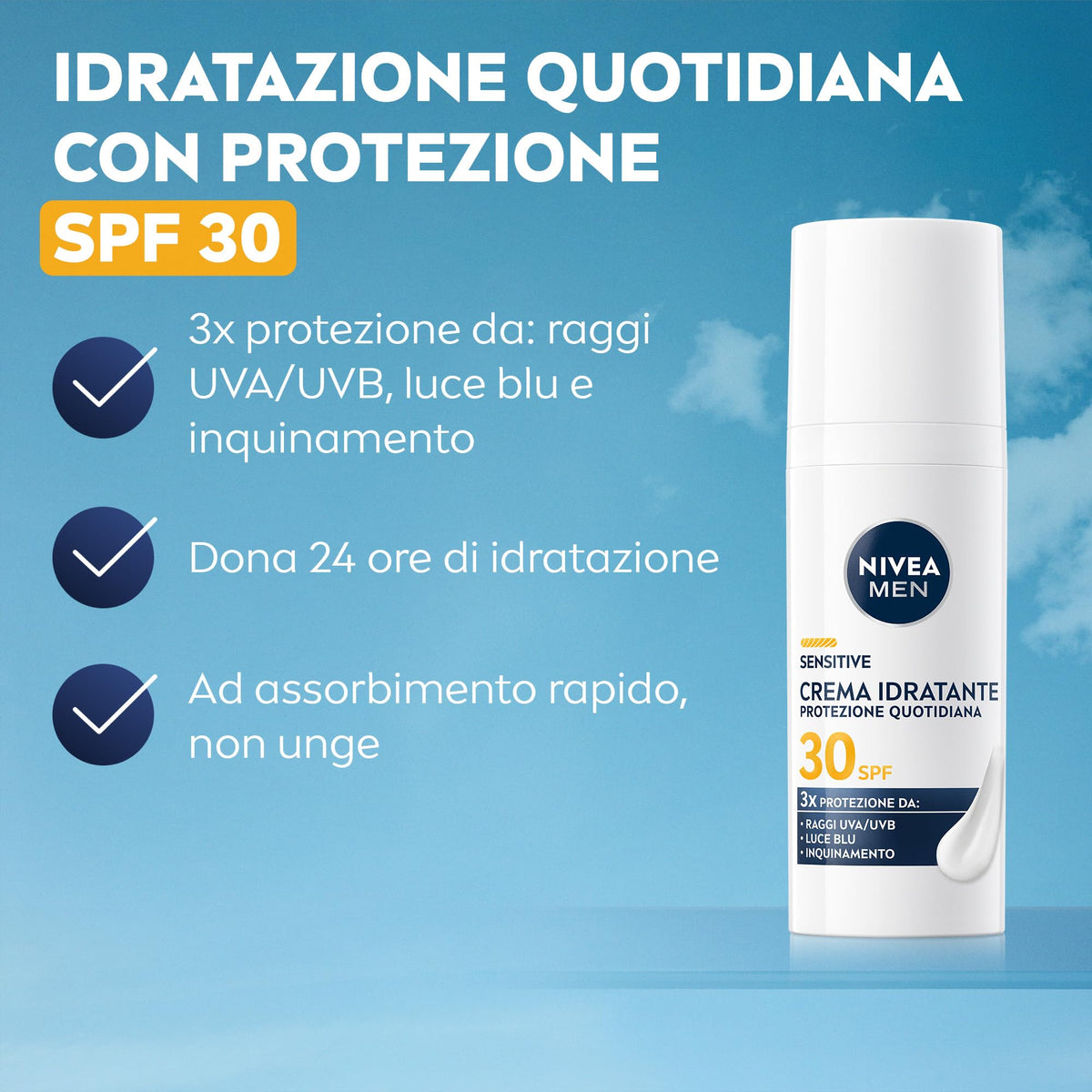 NIVEA MEN Sensitive Crema Idratante Viso Uomo Protezione Quotidiana SPF 30 50 ml, Crema viso uomo per pelli sensibili con Complesso VitaminPRO, Protegge da raggi UVA/UVB, luce blu e inquinamento