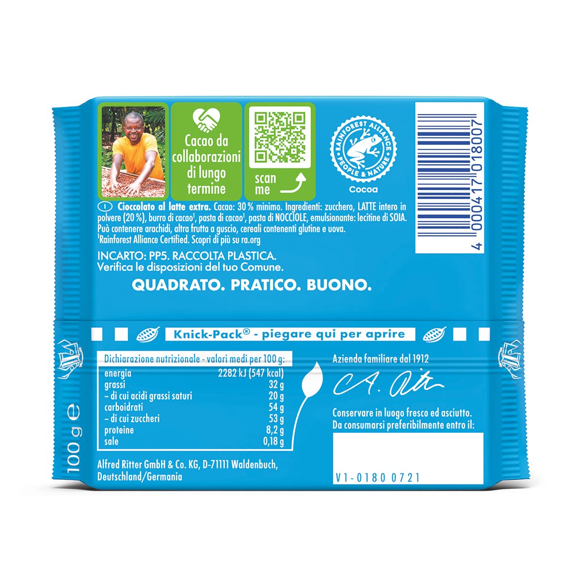 RITTER SPORT Latte delle Alpi, Tavoletta di Cioccolato Al Latte di Altissimo Livello, Sapore Di Caramello e Miele