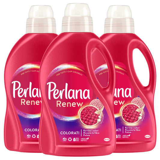 Perlana Renew Colorati Detersivo Liquido Rinnova Colore Capi Colorati per Lavatrice e Bucato a Mano Neutrilzza Cattivi Odori sui Tessuti Rinnova i Colori - 3 Flaconi da 1,44 Litri