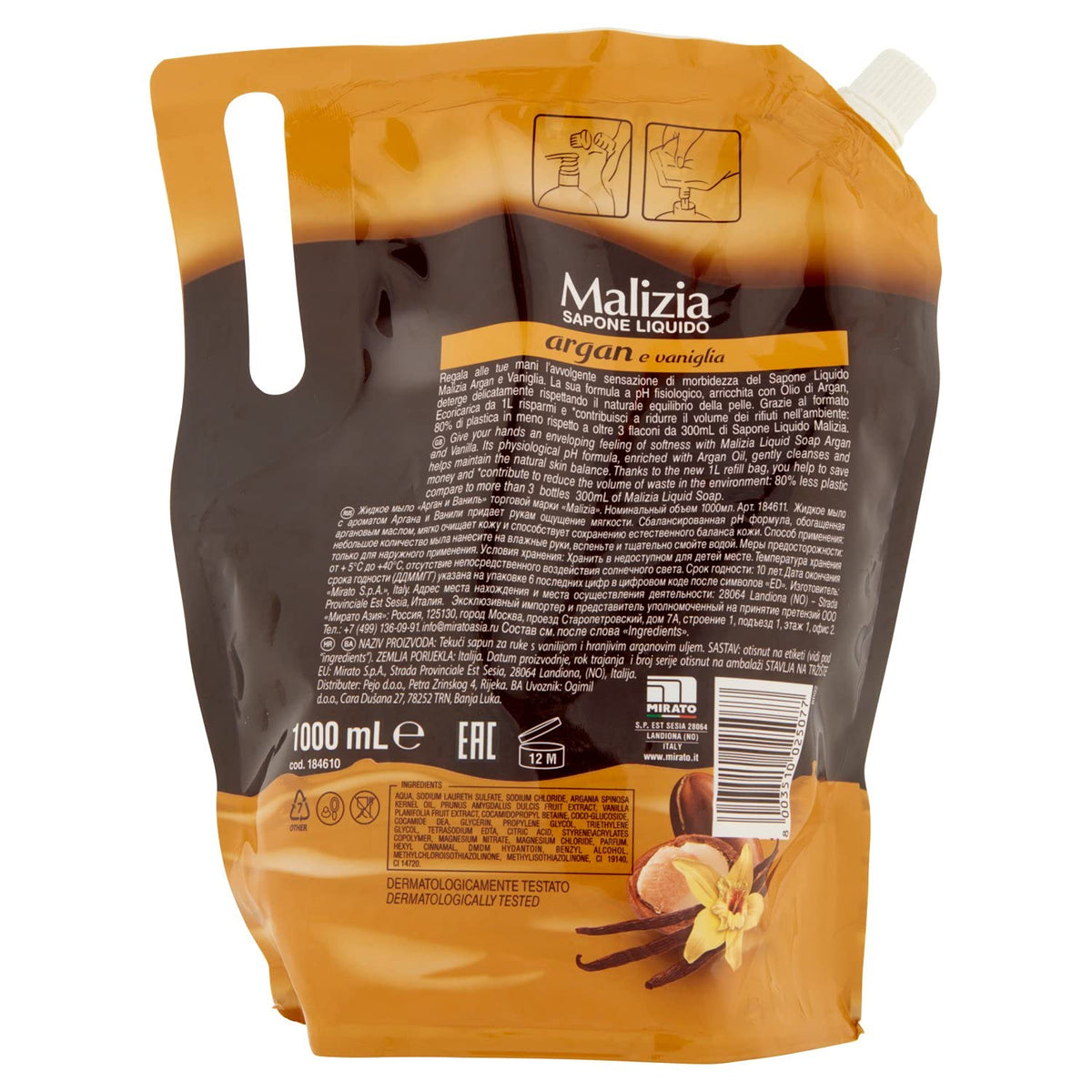 Malizia - sapone Liquido Ecoricarica Argan, 1l