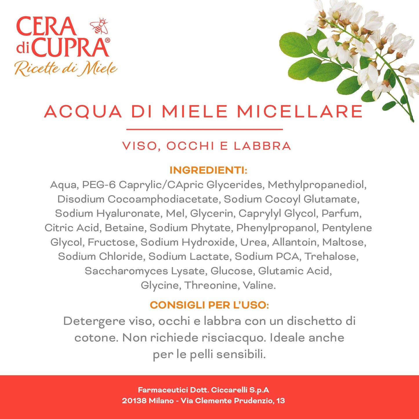 Cera di Cupra, Acqua di Miele Micellare, Deterge ed Elimina il Trucco e le Impurità con Massima Delicatezza, Deterge Viso, Occhi e Labbra, Made in Italy, Dermatologicamente Testata, 200 ml
