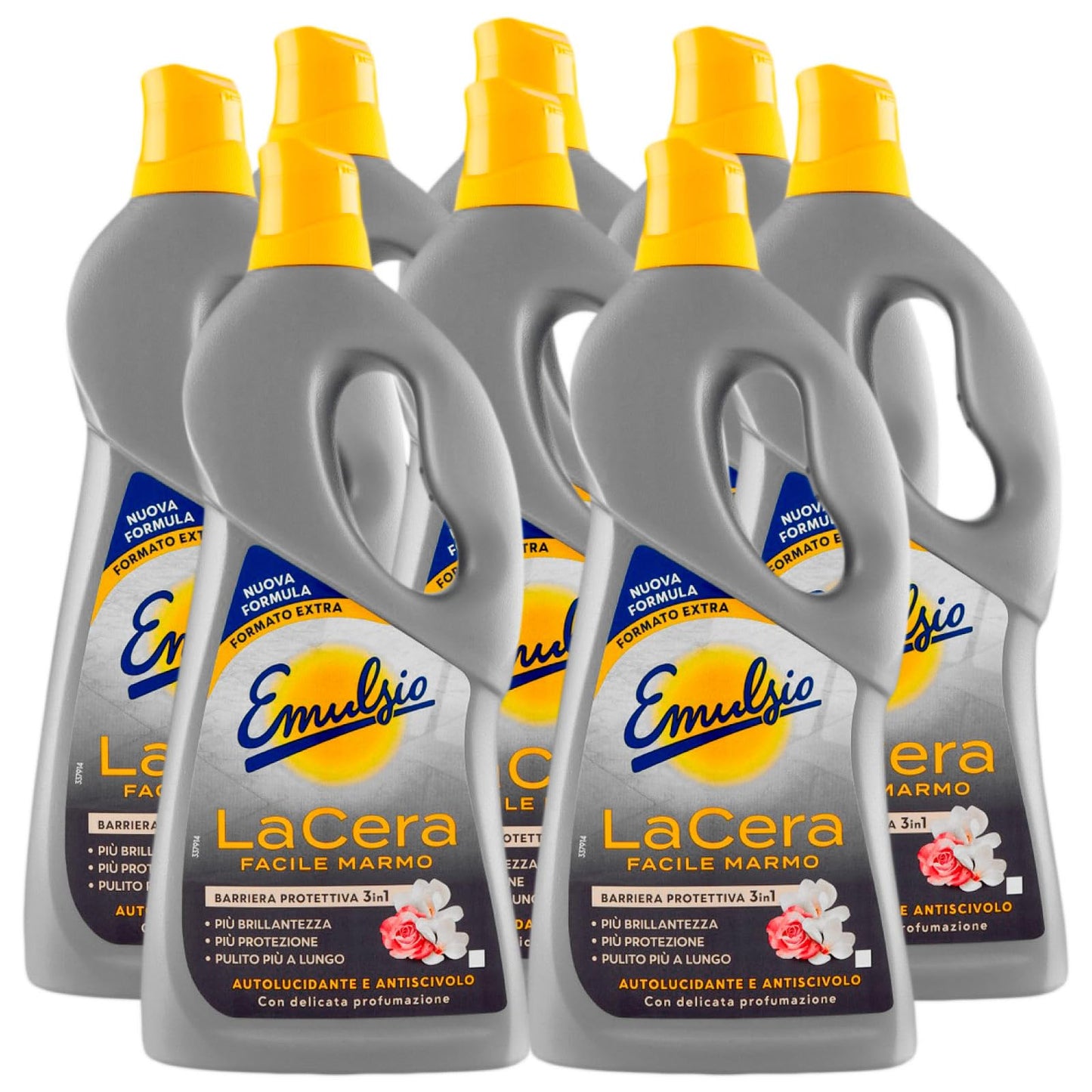 Emulsio La Cera Facile Marmo Autolucidante per Pavimenti e Superfici in Marmo e Graniglia Formula Professionale Barriera 3in1 Protezione Brillantezza e Pulizia - 8 Flaconi da 725ml