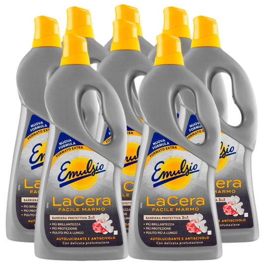 Emulsio La Cera Facile Marmo Autolucidante per Pavimenti e Superfici in Marmo e Graniglia Formula Professionale Barriera 3in1 Protezione Brillantezza e Pulizia - 8 Flaconi da 725ml