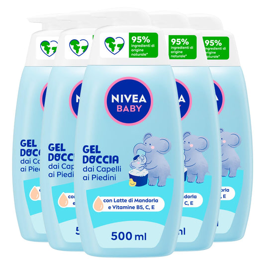 Nivea Baby Gel Doccia dai Capelli ai Piedini Shampoo bambini Corpo e Capelli Docciashampoo delicato e ipoallergenico Detergente con Latte di Mandorla - 5 Flaconi da 500ml