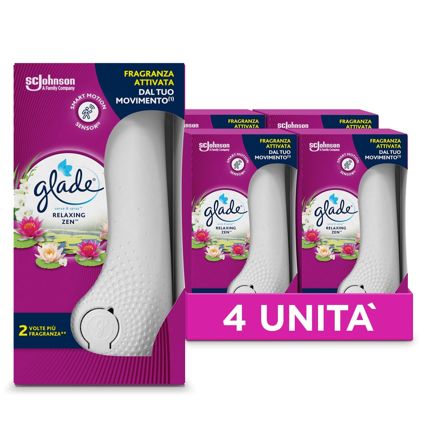 Glade Sense & Spray Profumatore per Ambienti con Olii Essenziali e Sensore smart di Movimento, Fragranza Relaxing Zen, 4 Diffusori e 4 Ricariche, 8 Pile AA
