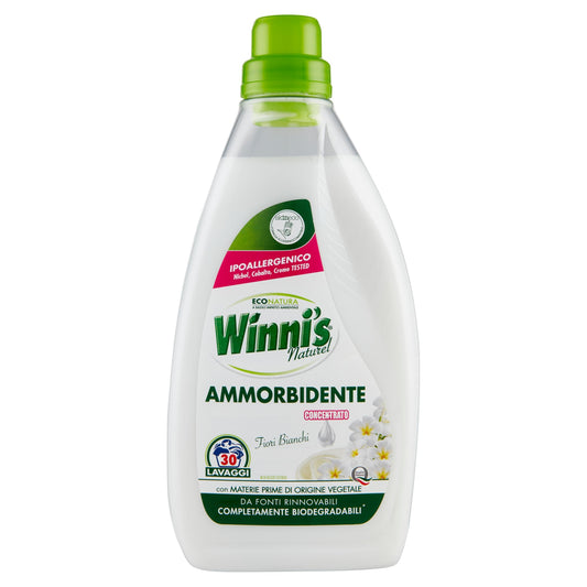 Winni's - Ammorbidente Lavatrice Concentrato Ipoallergenico, 30 Lavaggi, Adatto alle Pelli più Sensibili, Fragranza Fiori Bianchi, con Materie Prime di Origine Vegetale, 750 ml