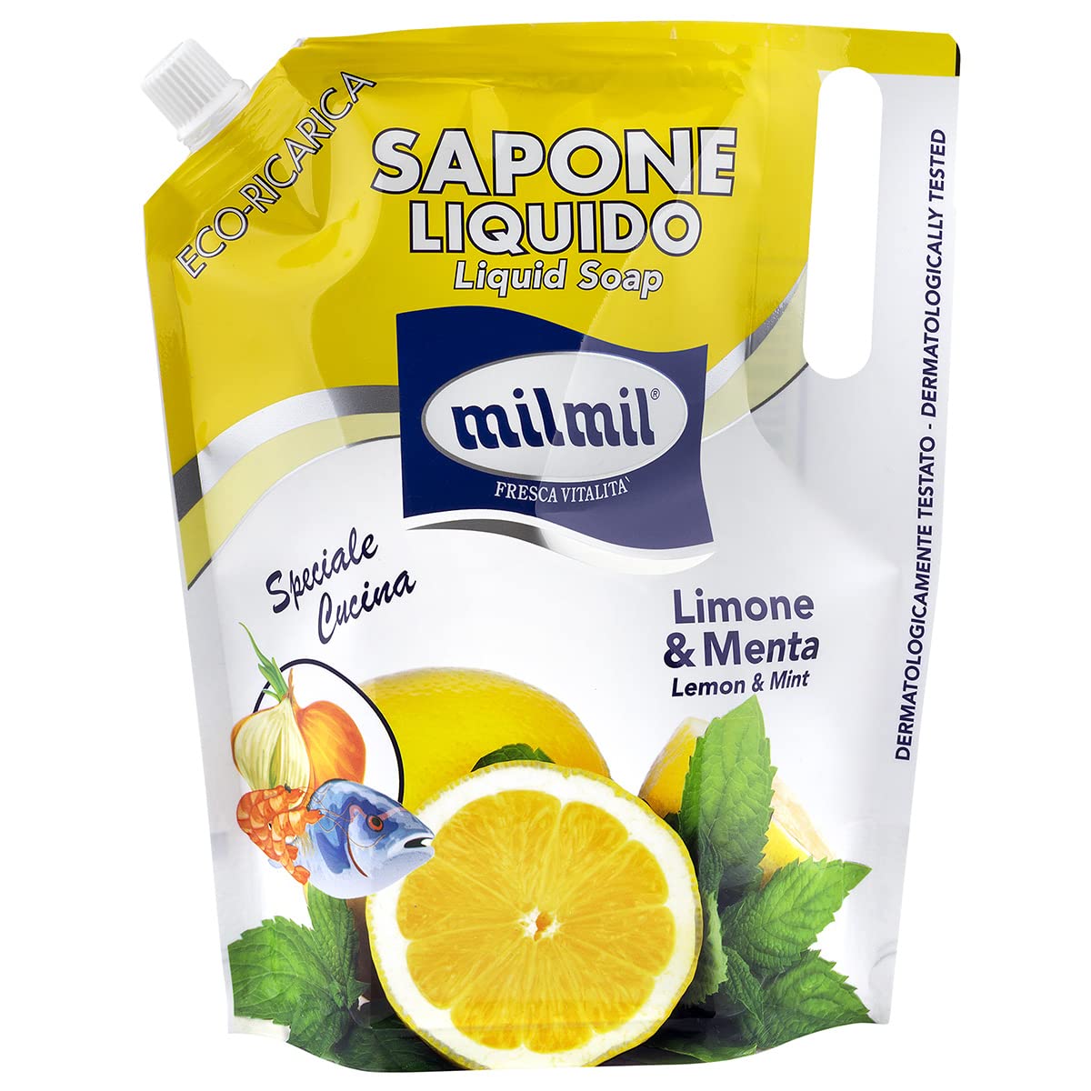 Milmil Sapone Liquido Speciale Cucina, Fragranza Limone & Menta, Formato Ricarica Busta, Detergente Stoviglie con Molecola Elimina Odori, Dermatologicamente Testato - 900 ML