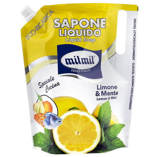 Milmil Sapone Liquido Speciale Cucina, Fragranza Limone & Menta, Formato Ricarica Busta, Detergente Stoviglie con Molecola Elimina Odori, Dermatologicamente Testato - 900 ML