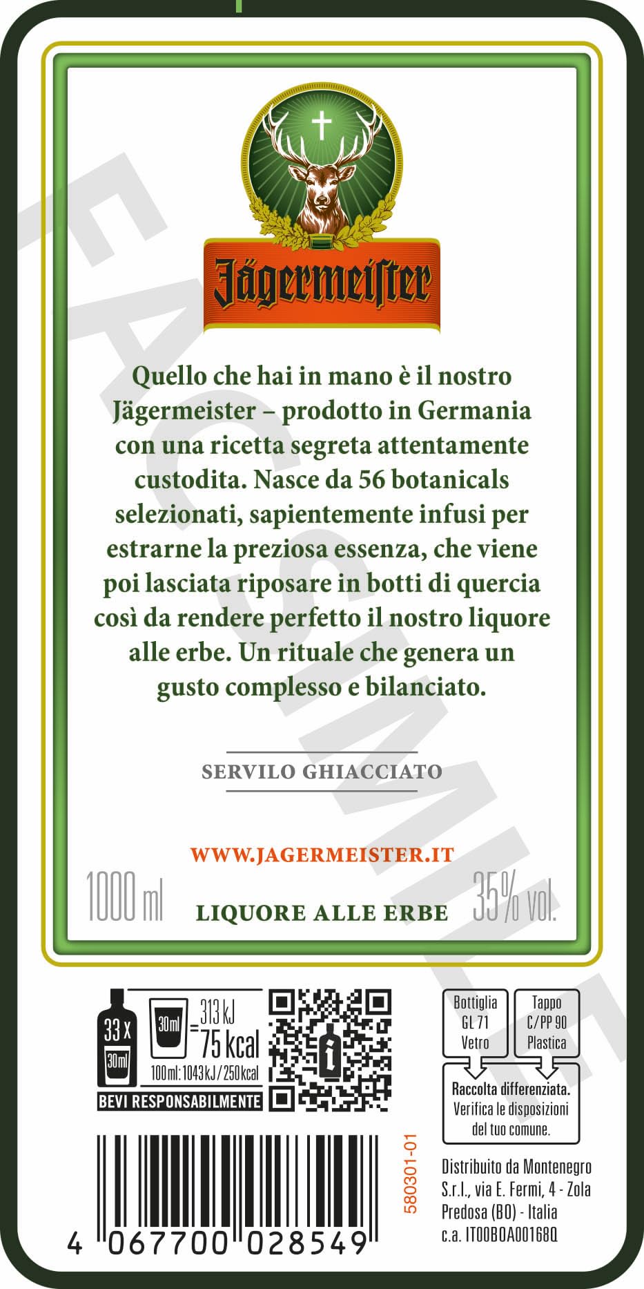 Jägermeister 100cl - Liquore a base di 56 Botaniche, invecchiato in botte. Da servire ghiacciato. 35% Vol.