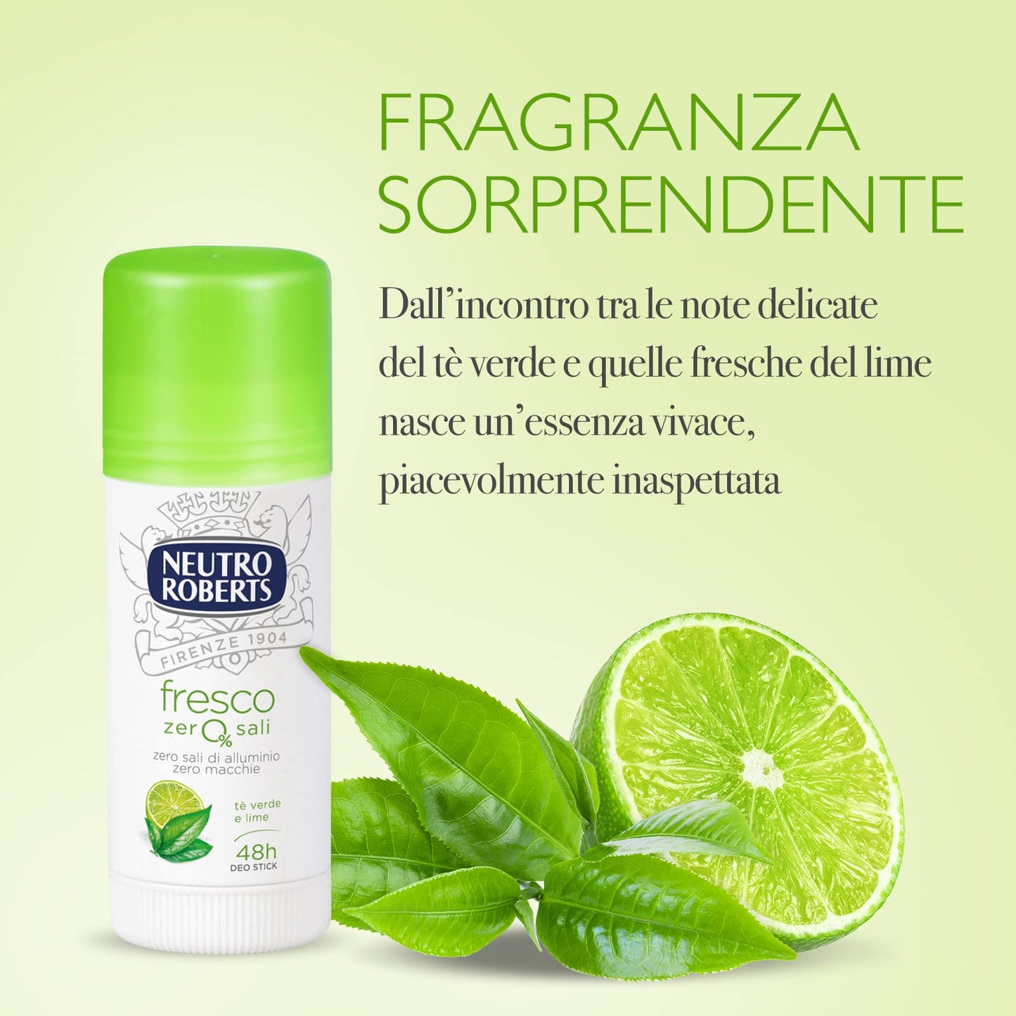 Neutro Roberts, Deodorante Stick Fresco con Té Verde e Lime, Zero Sali di Alluminio, Zero Macchie, Deodorante Uomo e Donna, Dermatologicamente Testato - Flacone da 40 ml