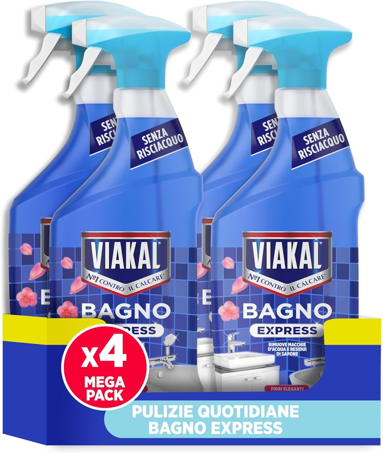 Viakal Express Spray Anticalcare Bagno, Confezione da 4 x 720ml, Fragranza Fiori Eleganti, Tecnologia Anti-Goccia, Elimina Fino Al 100% Di Calcare e Residui di Sapone, Con Segnalibro Viakal