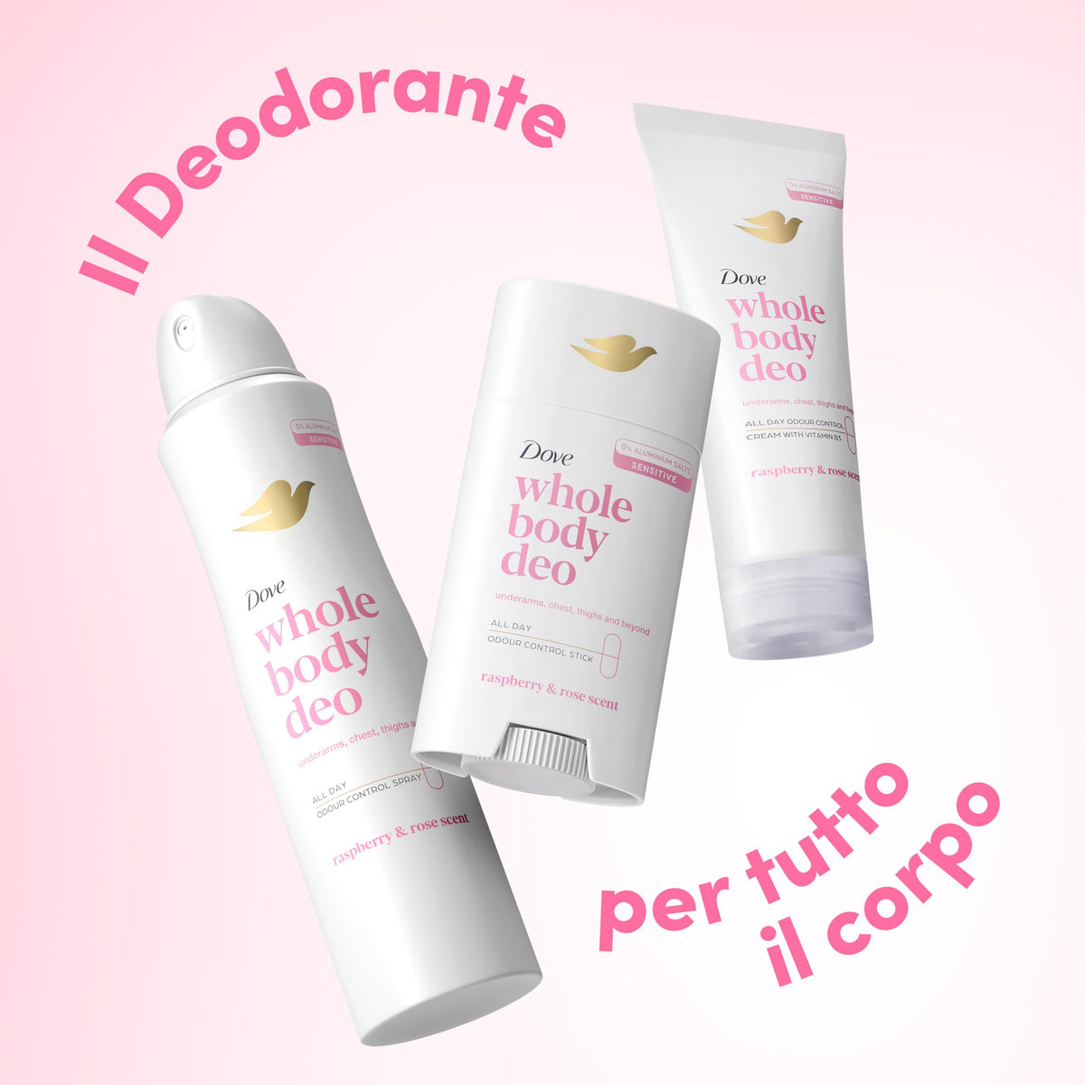 Deodorante Dove Stick Whole Body Deo 75ml, Deodorante per Tutto il Corpo, Profumo di Lamponi e Rosa, Protezione dagli Odori fino a 24 ore, Dermatologicamente Testato, Ginecologicamente Testato