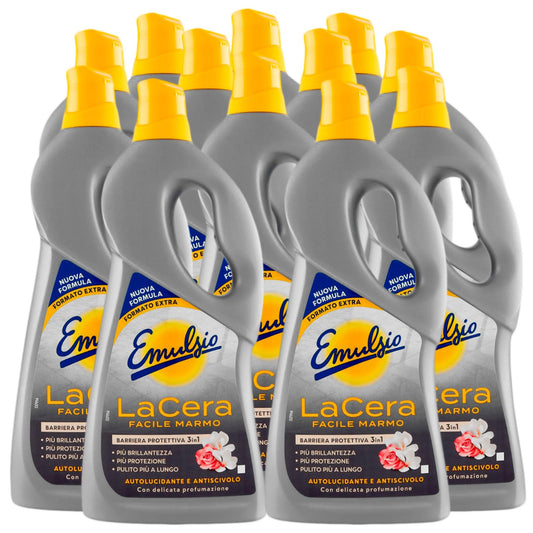 Emulsio La Cera Facile Marmo Autolucidante per Pavimenti e Superfici in Marmo e Graniglia Formula Professionale Barriera 3in1 Protezione Brillantezza e Pulizia - 12 Flaconi da 725ml