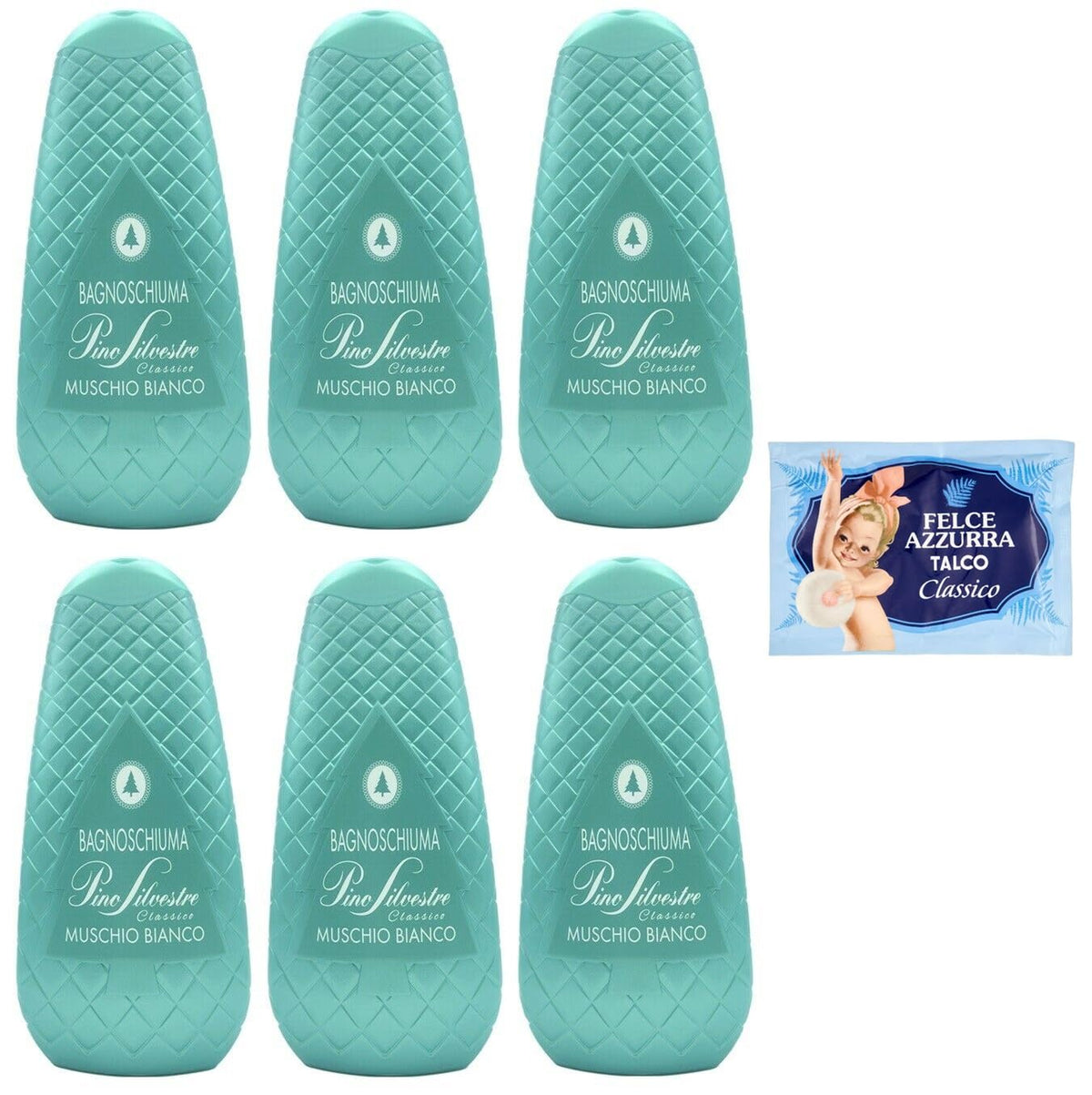 Confezione da 6 Pino Silvestre Bath Foam Bagnoschiuma Classico Muschio Bianco, gel doccia con muschio bianco, 750 ml + 1 confezione di polvere di talco FELCE AZZURRA da 100 g
