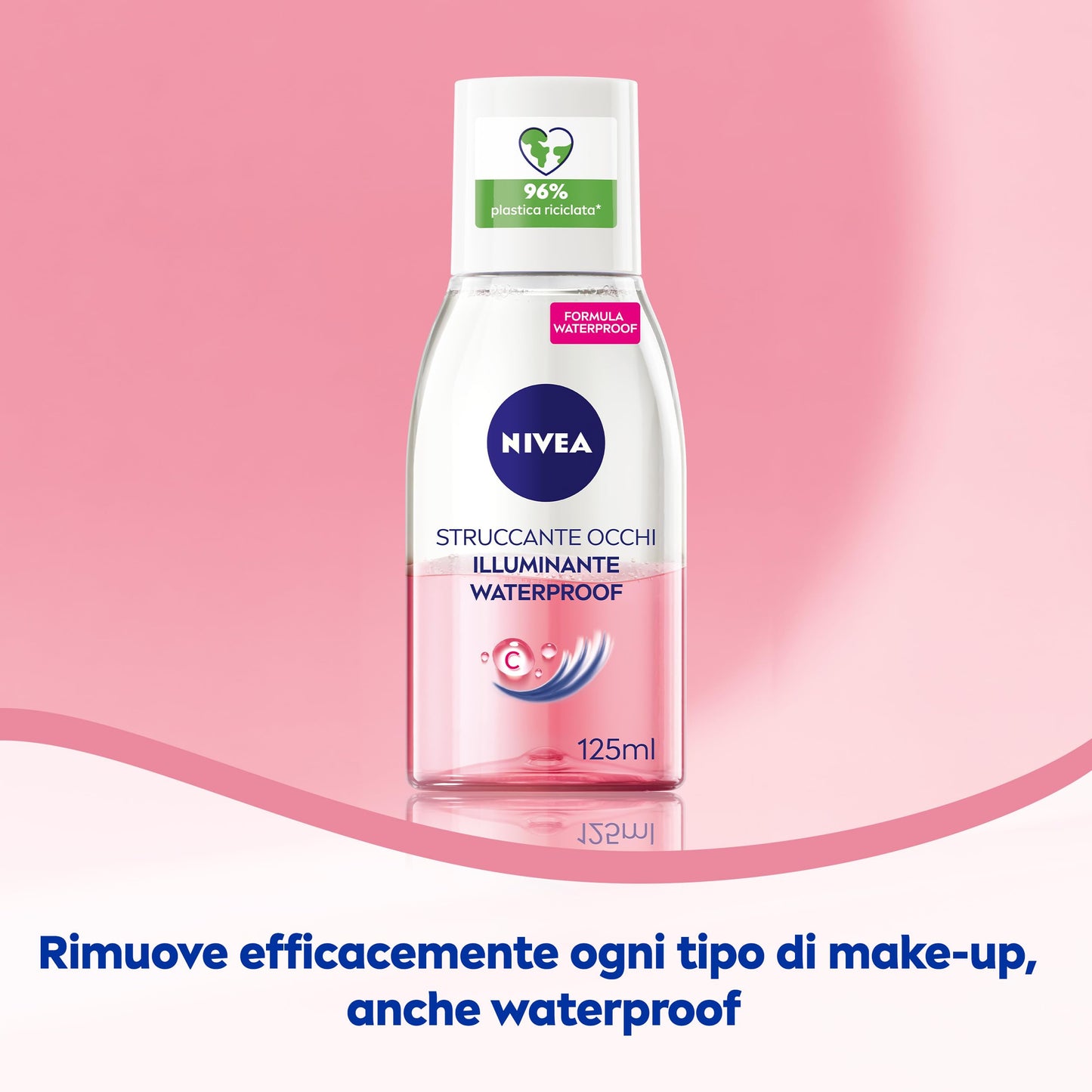 NIVEA Struccante Occhi Bifase Illuminante Waterproof 125 ml, Struccante bifasico per gli occhi arricchito con vitamina C energizzante, Olio struccante bifase per il trucco waterproof
