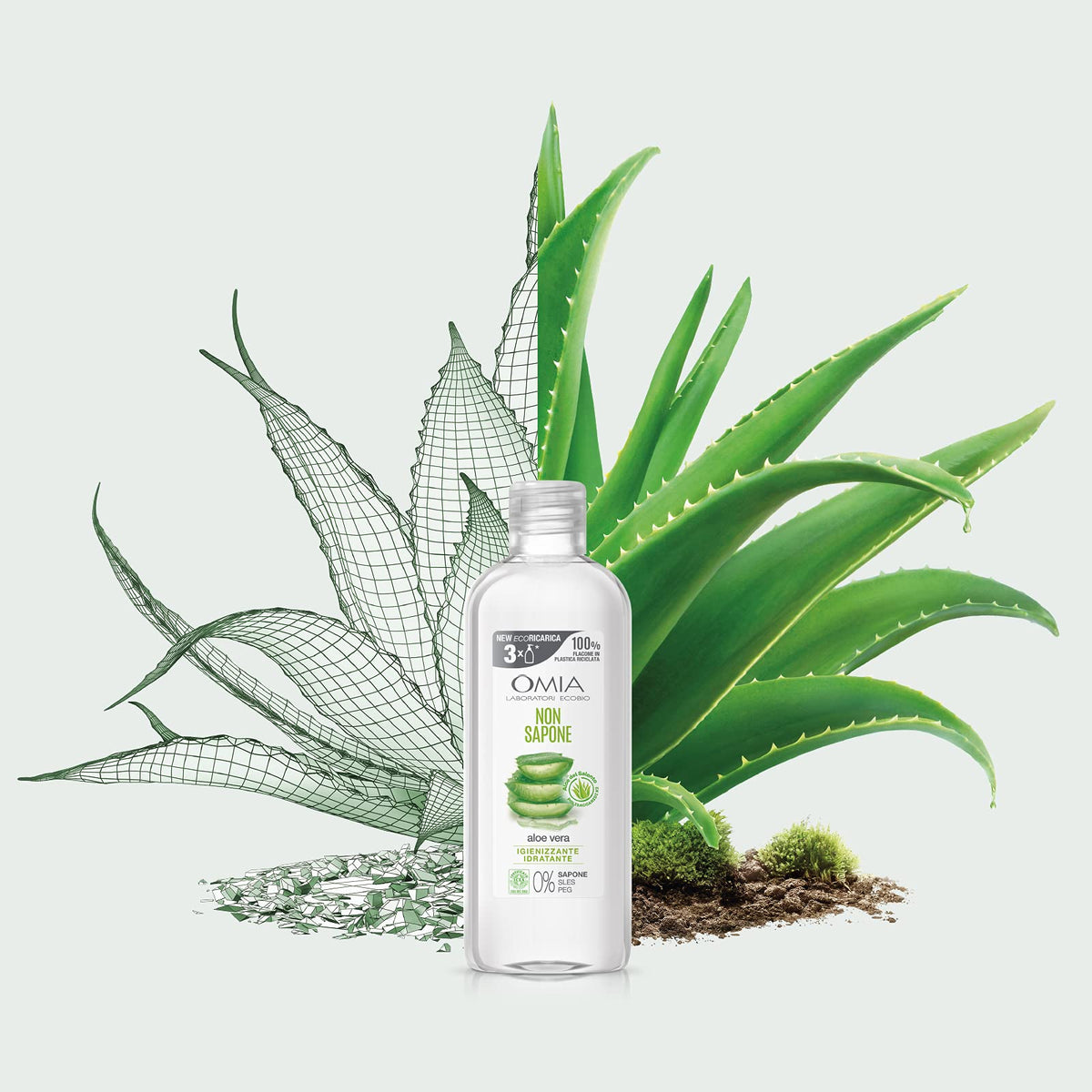 Omia - Non Sapone Eco Bio con Aloe Vera del Salento, Sapone Liquido per le Mani e per il Viso, Azione Idratante, Addolcente e Rinfrescante, Dermatologicamente Testato - Flacone da 750 ml