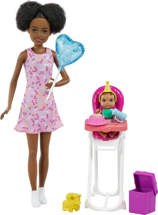 Barbie -Babysitter Afroamericana e Bebè, con Tanti Accessori a Tema Festa, Giocattolo per Bambini 3+ Anni, GRP41