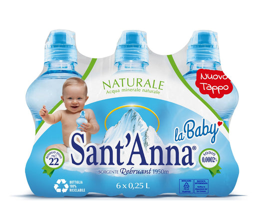 Acqua Sant'Anna La Baby Naturale 0,25 Litri | Bottiglia con tappo "Thumb Up" | Plastica 100% Riciclabile | Pack da 24 bottiglie (4 confezioni da 6 bottiglie)