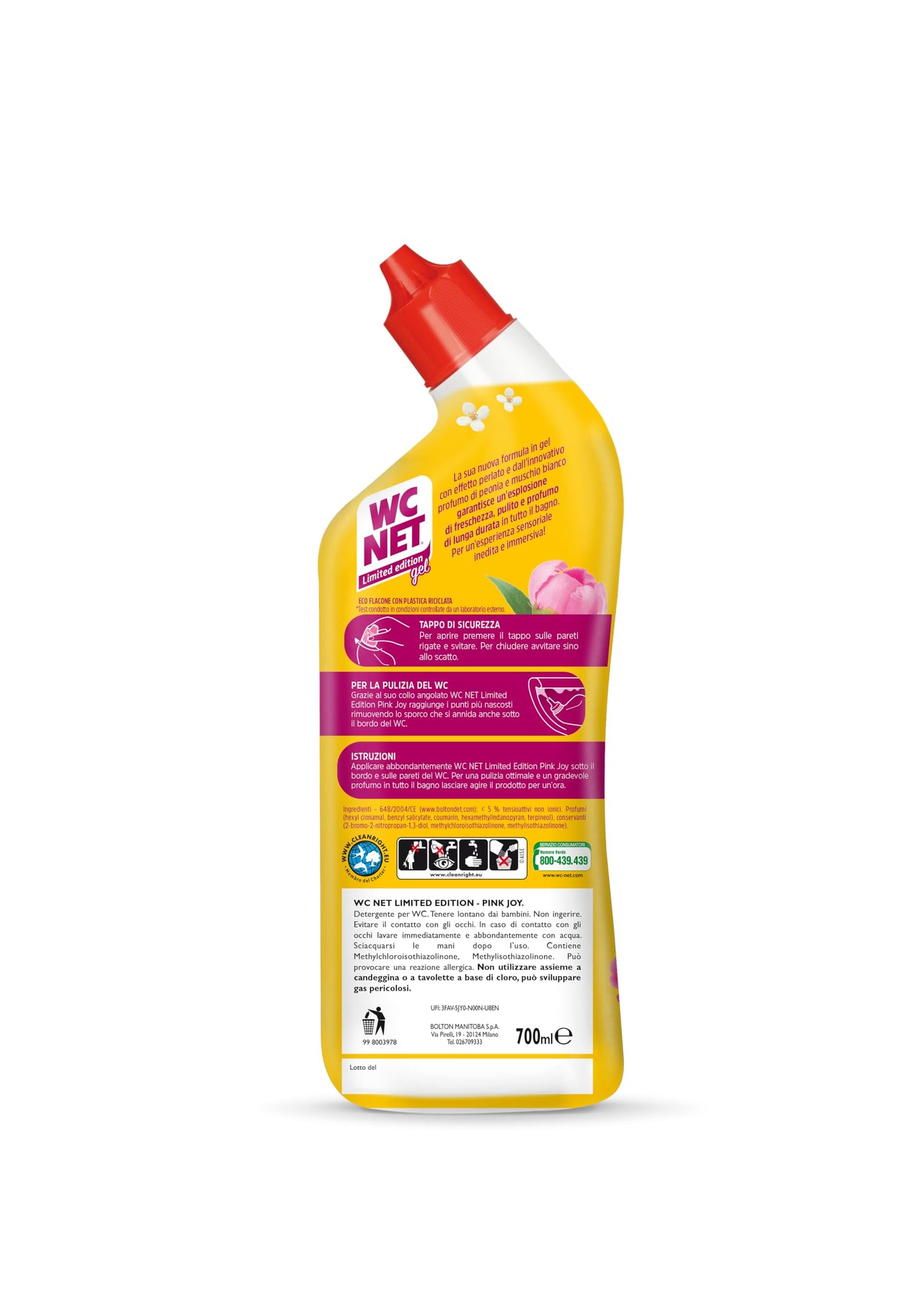 Wc Net - Limited Edition Pink Joy, Detergente Liquido per Sanitari, Essenza Peonia e Muschio Bianco, Prevenzione Calcare e Igienizzante per WC, 700 ml x 4 Confezioni
