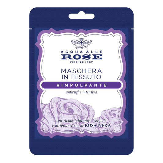 Acqua Alle Rose, Maschera Viso in Tessuto Rimpolpante con Attivi Antietà di Rosa Nera e Acido Ialuronico Vegetale, Azione Antirughe Intensiva, Riduce le Rughe e Rimpolpa la Pelle Matura, Monouso 1 pz