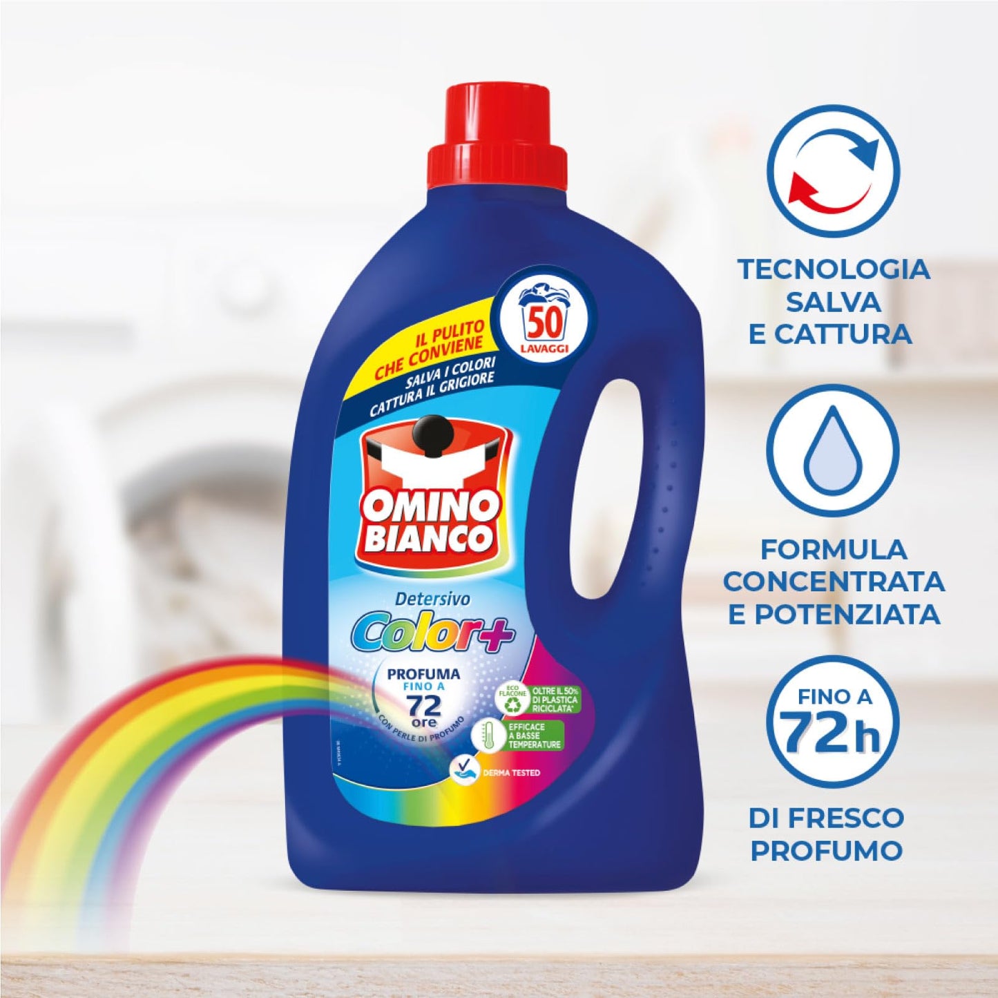 Omino Bianco - Detersivo Lavatrice Liquido Color+ Specifico per Capi Colorati Tecnologia Salva i Colori e Cattura il Grigiore 50 Lavaggi 2L - 5 Flaconi