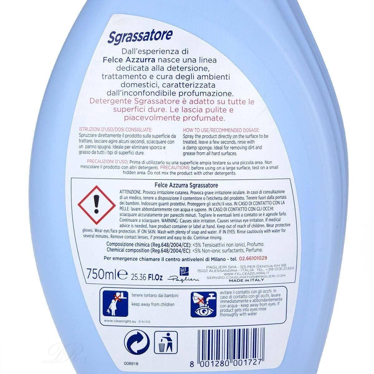 12 confezioni di FELCE AZZURRA Sgrassatore Multiuso, spray detergente con sgrassatore, 750 ml