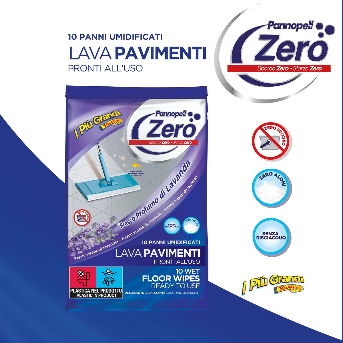 Pannopell zero10 panni umidificati pronti all'uso,profumo di lavanda 30x40