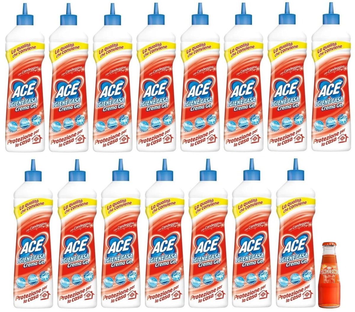 15x ACE Igiene Casa Crema Gel con Candeggina,Detergente per Casa, 500ml + 1x Gingerino Recoaro Aperitivo Italiano 10cl IN OMAGGIO