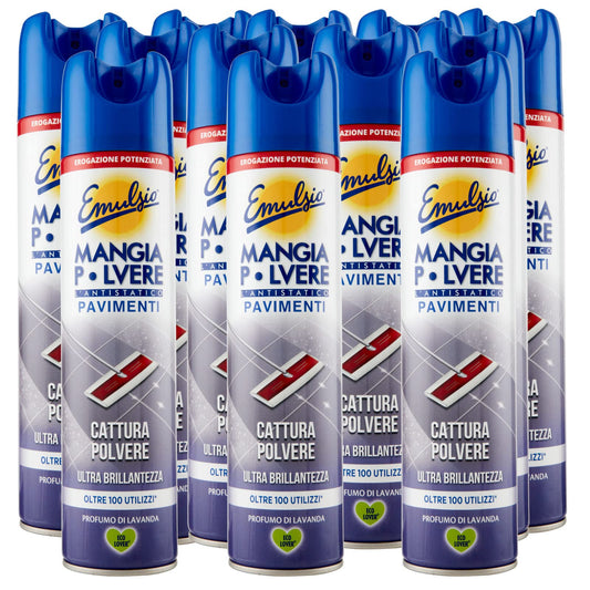12x Emulsio Mangia Polvere L'antistatico Pavimenti Cattura Polvere e Ultra Brillantezza alla Lavanda - 12 Flaconi Spray da 300ml ognuno