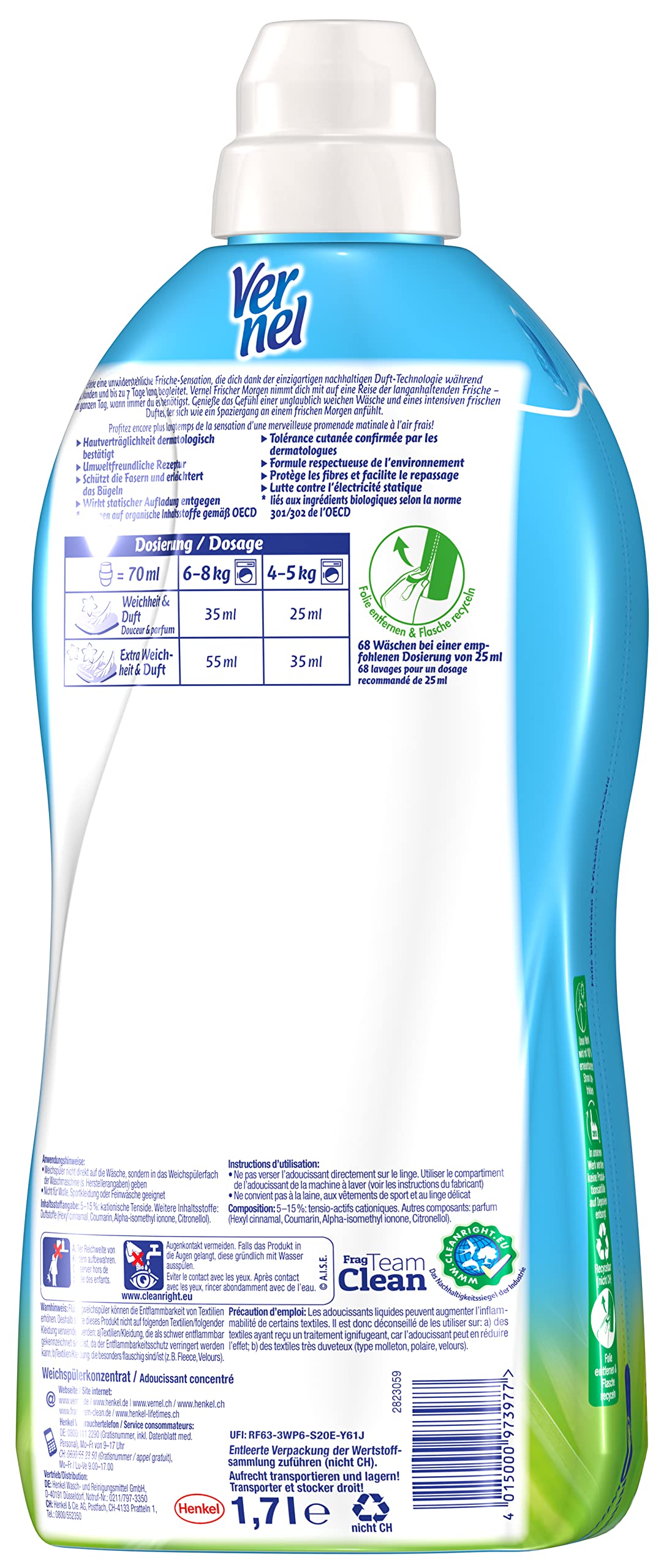 Vernel Ammorbidente per mattina fresca (6 x 72 lavaggi), profumo per bucato per 24 ore e 7 giorni, freschezza duratura con tecnologia esclusiva profumata, bottiglia riciclabile
