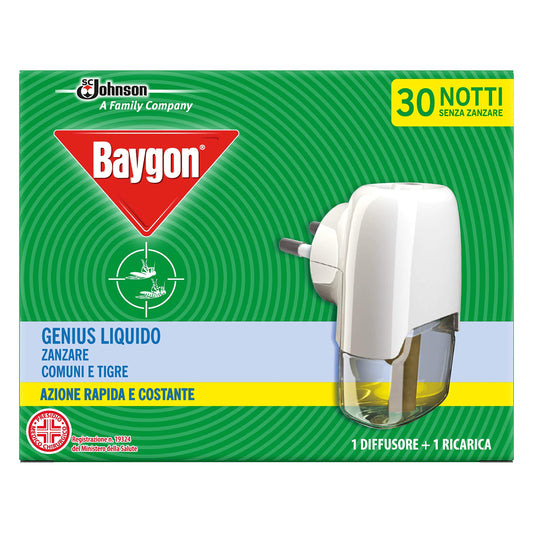Baygon Genius Liquido, Antizanzare Tigre e Comuni, Azione Rapida, Contiene 1 Diffusore e 1 Ricarica, Durata 30 Notti