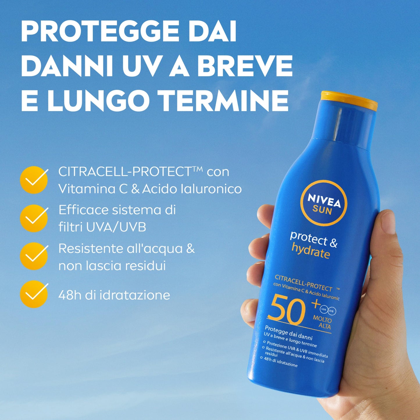 NIVEA SUN Protect & Hydrate SPF 50+ 200 ml, Crema solare 50+ idratante 48h ad assorbimento rapido, Protezione solare 50+ resistente all'acqua arricchita con Vitamina C e Acido Ialuronico