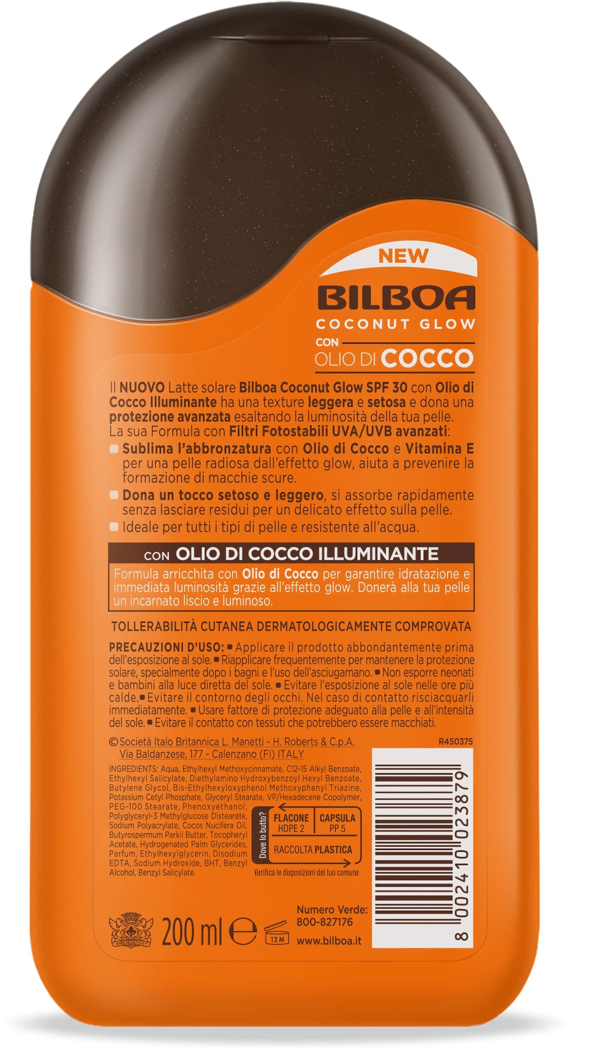Bilboa Latte Solare Azione Anti-Age con Microperle d'Olio e Cocco, Alta, Protezione SPF 30 con Microperle di Jojoba e Cocco, Abbronzatura Luminosa, Protezione Resistente all'Acqua, 200 ml