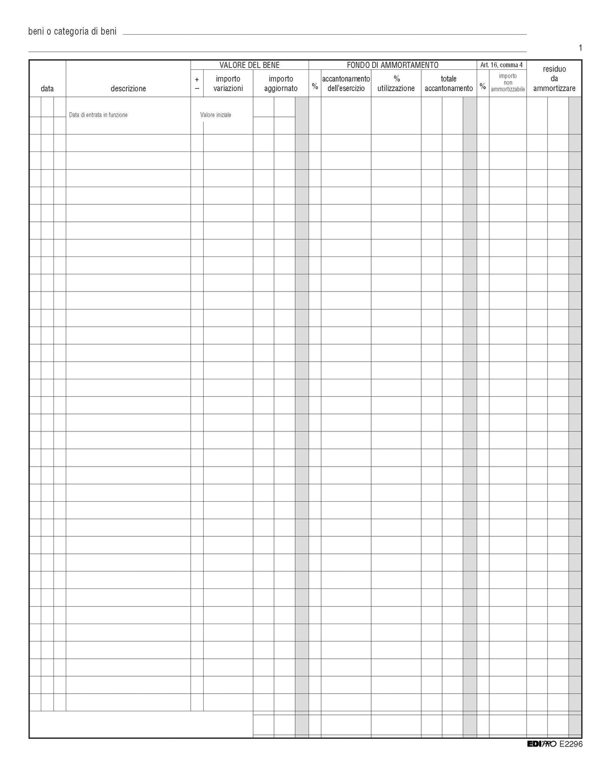 EDIPRO - E2296 - Registro cespiti ammortizzabili 45 pagine numerate f.to 31x24,5