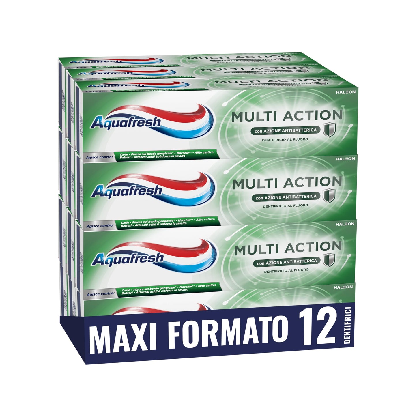 Aquafresh Dentifricio Multi Action per tutta la Famiglia, Previene le Carie, Gengive Sane, Alito Fresco, Rimuove le Macchie, Smalto Forte, Pacco da 12 x75ml