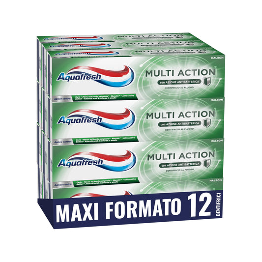 Aquafresh Dentifricio Multi Action per tutta la Famiglia, Previene le Carie, Gengive Sane, Alito Fresco, Rimuove le Macchie, Smalto Forte, Pacco da 12 x75ml