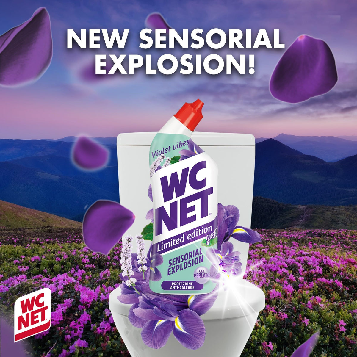 Wc Net - Limited Edition Violet Vibes, Detergente Liquido per Sanitari, Essenza Iris Viola e Patchouli, Prevenzione Calcare e Igienizzante per WC, 700 ml x 4 Confezioni