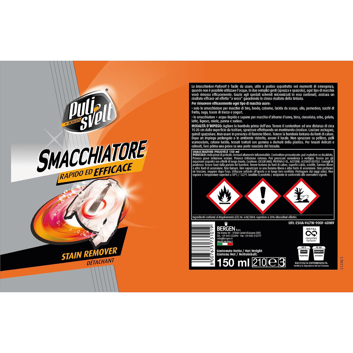 PULISVELT | Smacchiatore a Secco per Indumenti, Rapido ed Efficace, Rimuove Ogni Tipo di Macchia, 150 m