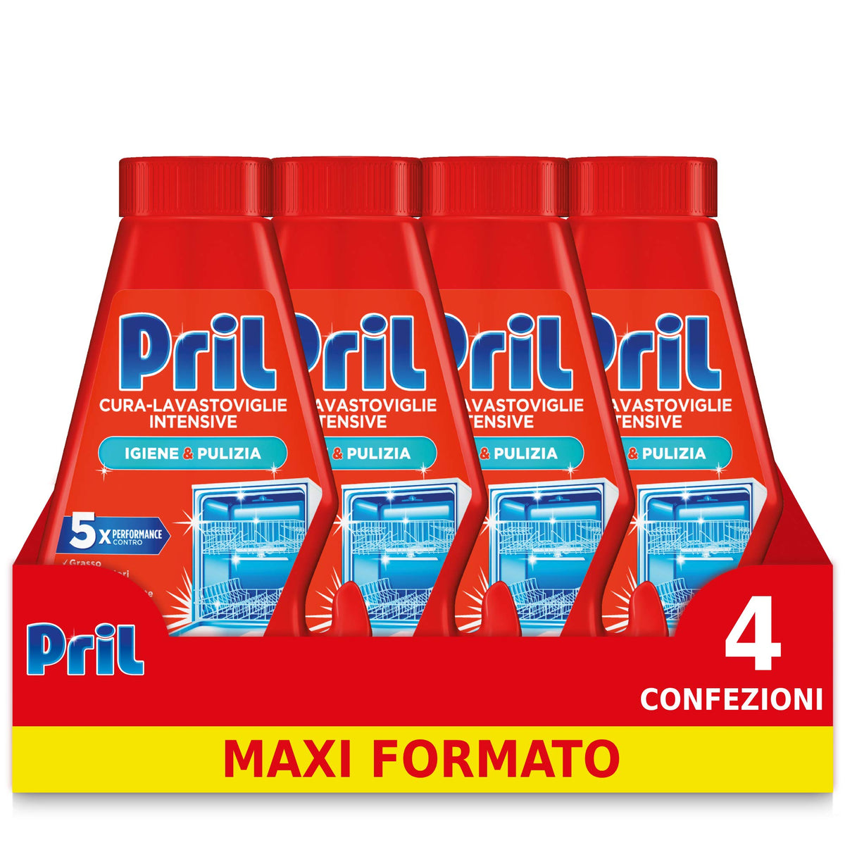 Pril Cura-Lavastoviglie Intensive, Rimuove Grasso, Cattivi Odivi e Calcare da Lavastoviglie, Confezione 4 pezzi da 250 ml