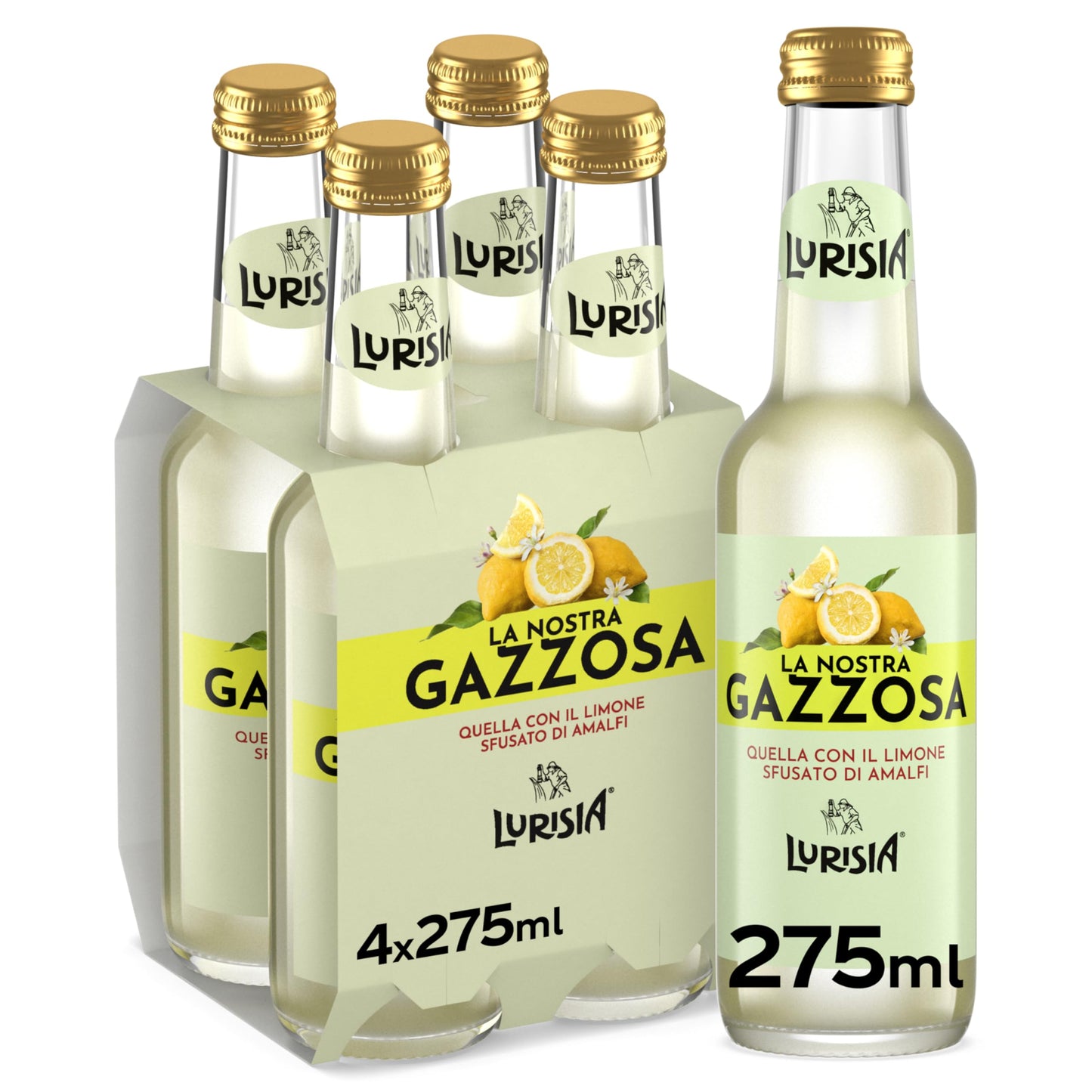 Lurisia La Nostra Gazzosa – 4 Bottiglie in Vetro 100% Riciclabile da 275ml, Bevanda Analcolica Prodotta con il Succo e l’infuso del "Limone Costa d'Amalfi I.G.P.", Gusto Dissetante
